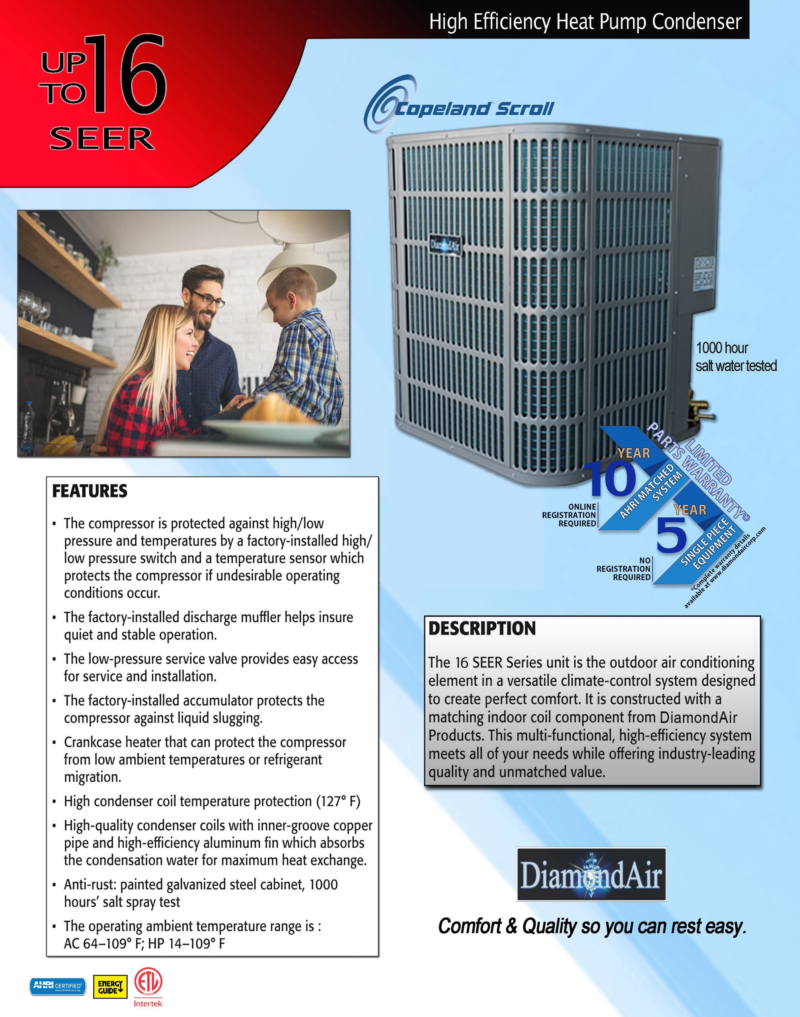 2.5 Ton DiamondAir 16 SEER Heat Pump Condenser D1630HC